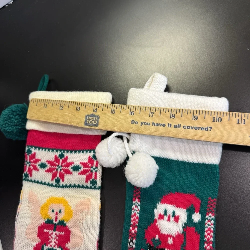 Vintage‎ Knit Christmas Stockings Santa Angel  Pair Holiday Decor Retro